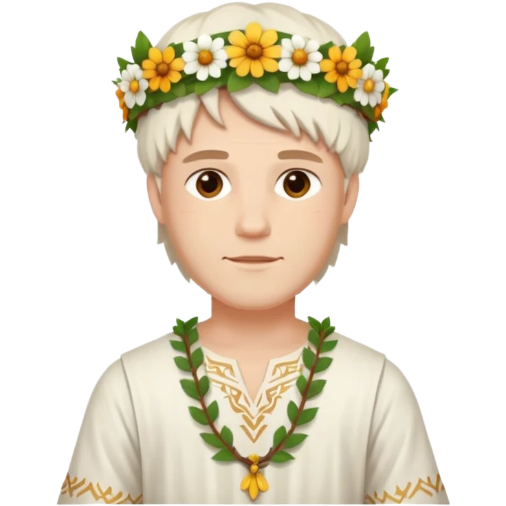 A guy with traditional clothes from midsummer festival, white tunica, flowers crown emoji