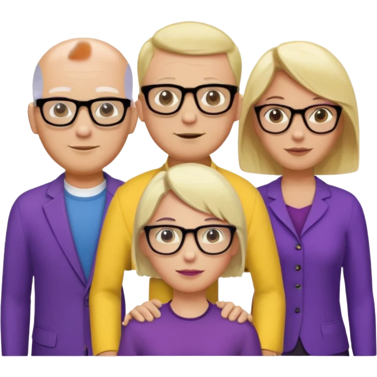 5 person team; 2 men and 3 women.  All dressed in yellow or purple.  Women have blonde and ash blonde hair.  1 man is black and bald, 1 man is caucasian and very little hair left.  All have glasses emoji