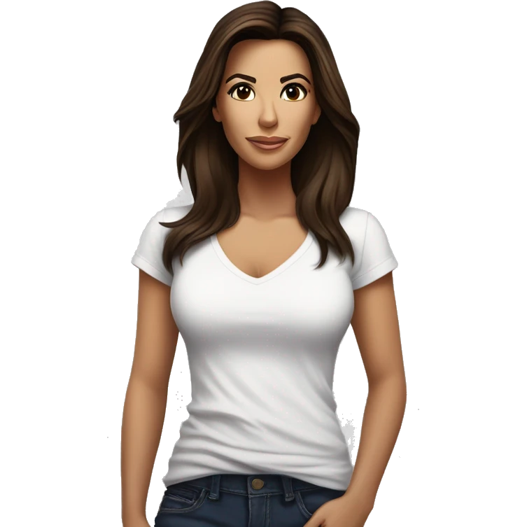 3/4 face, contrasted, shadow, light, Eva Longoria expression, standing from a distance, thin nose, brunette woman, hazel eyes, long eyelashes, dark shoulder shaded hair, white t-shirt, jeans, white sneakers emoji