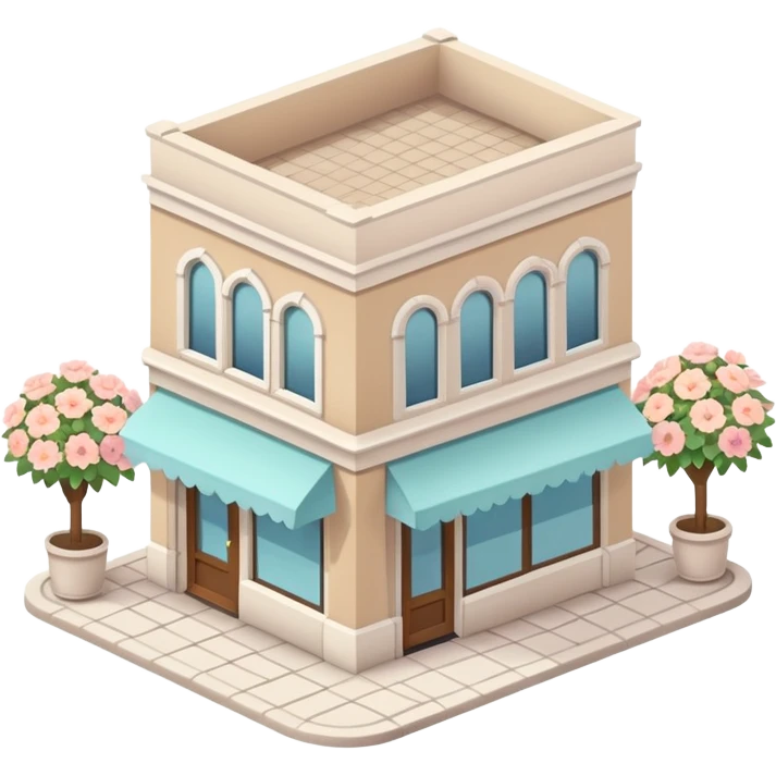 isometric exterior little beige and white shop with abundant pastel florals everywhere emoji