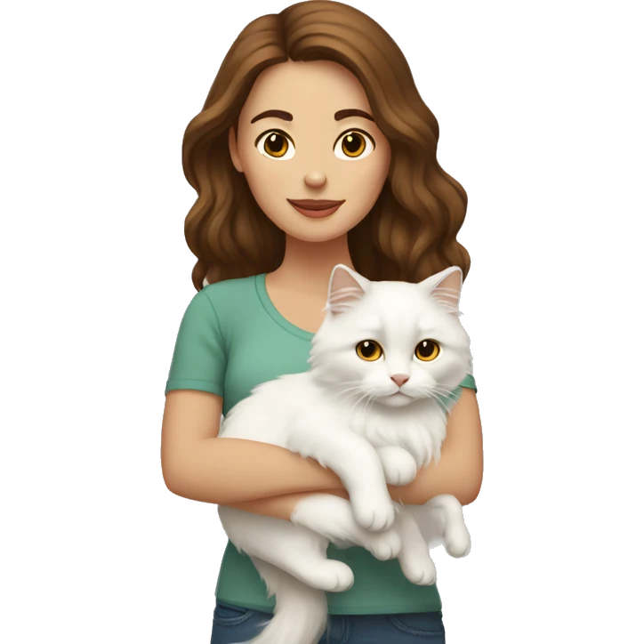 woman with brown hair holding a white Siberian cat emoji