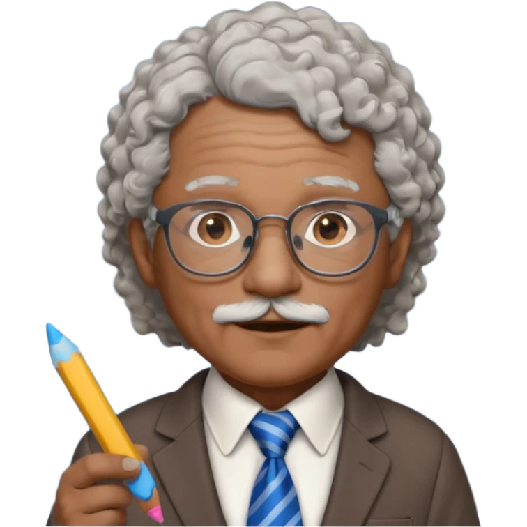 old man teacher, brown skin, curly grey white hai, wearing glasses, brown suit, blue tie hold chalk on hand emoji