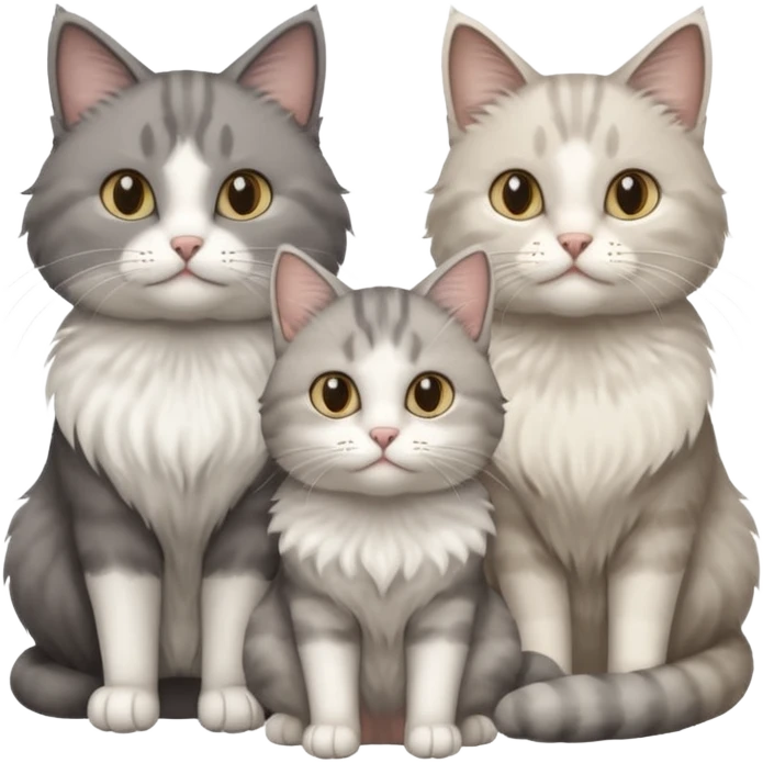 a very fluffy grey and white cat sitting with 2 other cats emoji