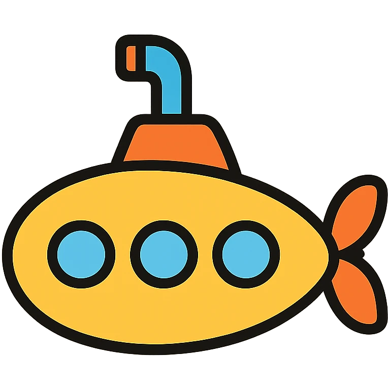 Submarine underwater vessel with periscope and propeller, colorful icon emoji