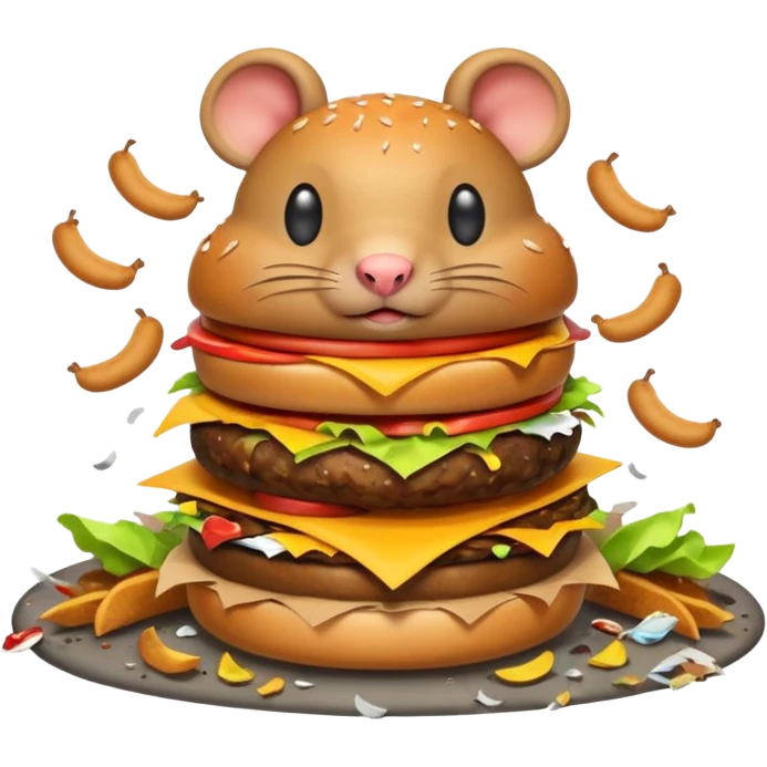 emoji-style icon of a fast food restaurant with a burger sign, overflowing garbage, flies, and two rats in the style of the apple emoji rat, dirty and unsanitary, clear at small size, no text emoji