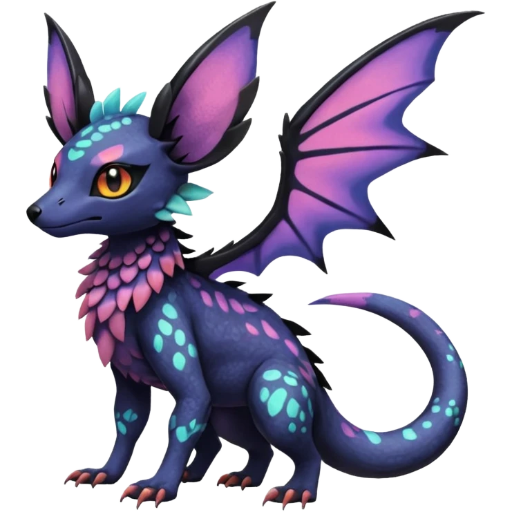 Rare epic aesthetic iridescent spooky gloomy colorful Salandit-Noibat-Eevee-Genet-species-Fakemon-hybrid-creature, with markings, full body emoji