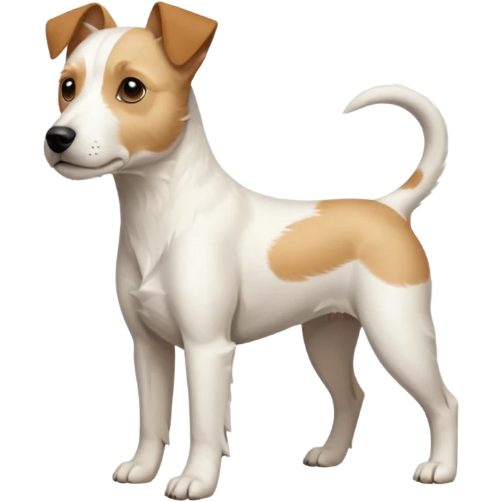 a full body facing front on of a buff white parson russell terrier looking dog the size of a kelpie with light brown long ears and a light brown patch on one eye and a large snout. the rest of the dog is completely white.  emoji