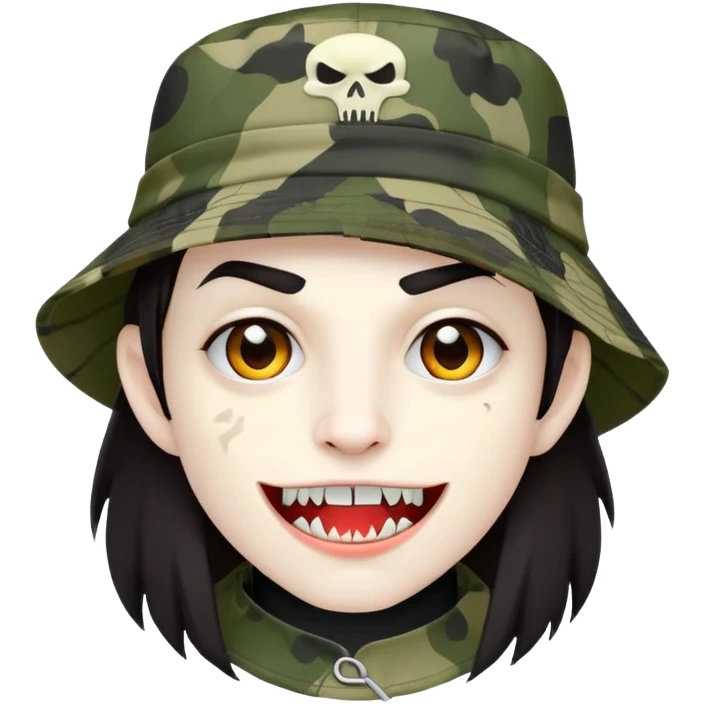 Vampire wearing a camo styled bucket hat. Dark hair and fangs also emoji