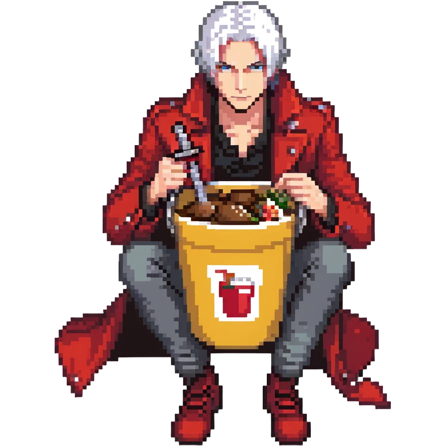 Dante from Devil May Cry sitting in a KFC bucket, red coat, white hair, rebellion sword emoji