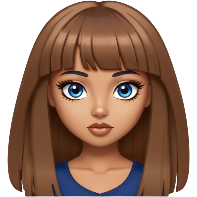 , tan skin, bangs long straight brown hair, dark blue eyes, black eyeliner, pretty bratz baddie emoji