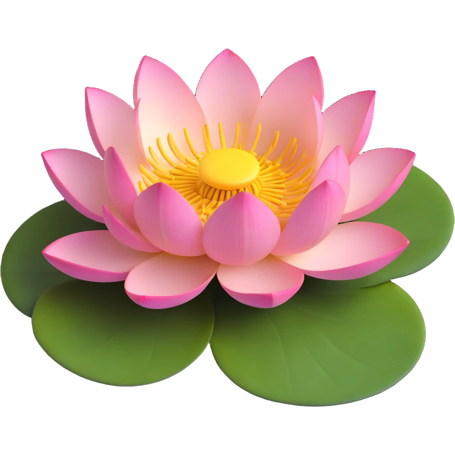 Detailed lotus flower with precise yellow seedpod center showing receptacle holes pattern, layered pink petals, and floating on botanically correct notched lotus leaf emoji