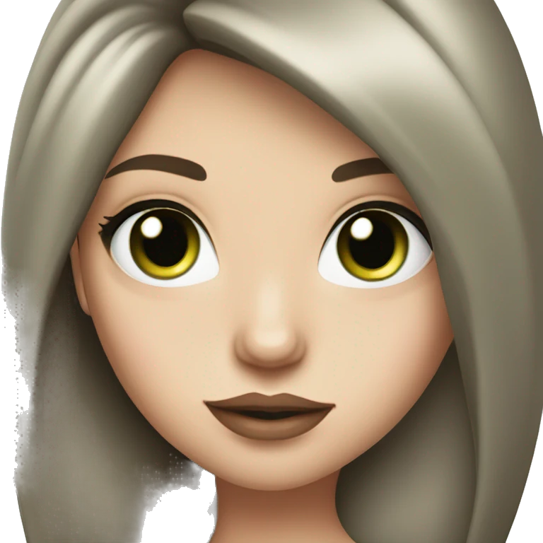 Brunette bombshell girl with long straight hair, pale skin, big pink lips and green eyes emoji