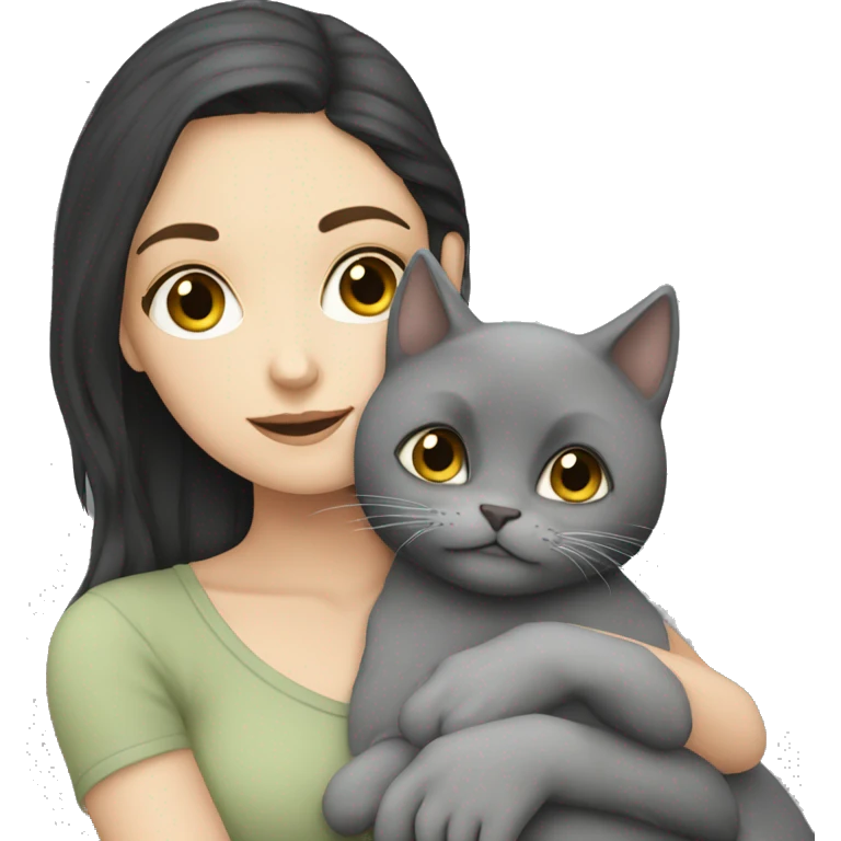 White Girl dark hair cuddling with grey cat emoji