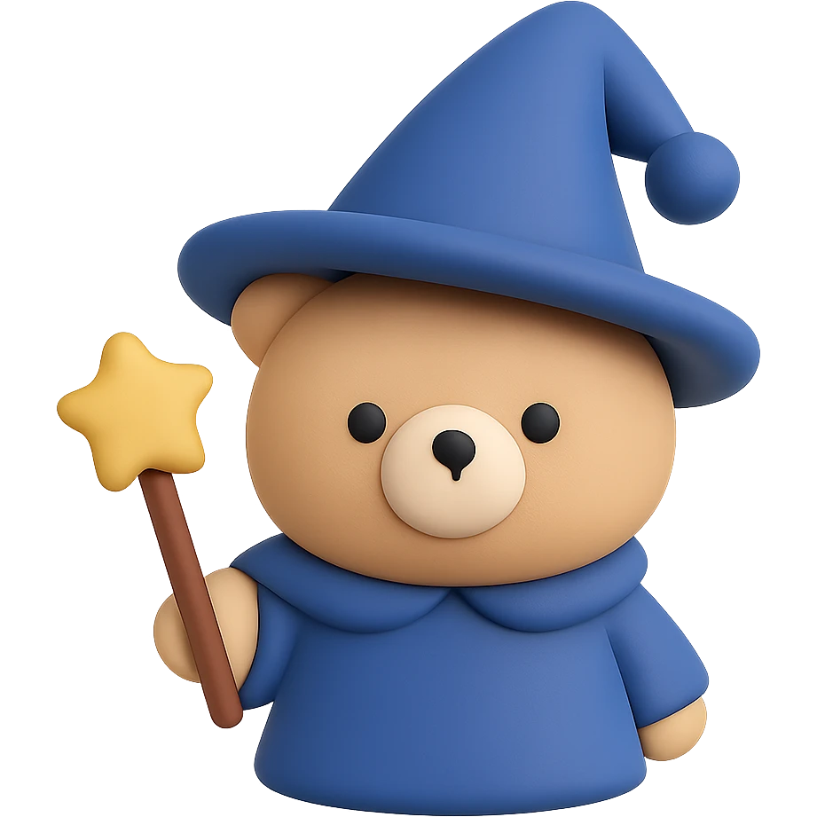 A cute bear wizard with pointed wizard hat and magic wand emoji