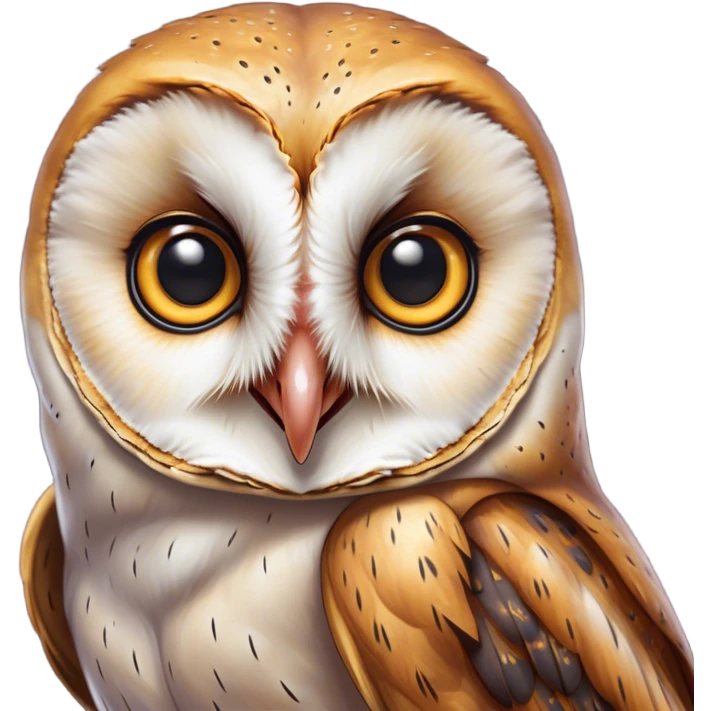Cinematic Comical Barn Owl Portrait Emoji, Head tilted dramatically with an exaggeratedly amused expression, featuring a striking mottled plumage with bold contrasts, wide, expressive amber eyes filled with playful disbelief, Simplified yet hilariously expressive features, highly detailed, glowing with a slightly sassy glow, high shine, dramatic yet playful, stylized with an air of cheeky nocturnal mischief, bright and endearing, soft glowing outline, capturing the essence of a spirited and over-the-top owl, so meme-worthy it feels like it could hoot its way into internet fame instantly! emoji