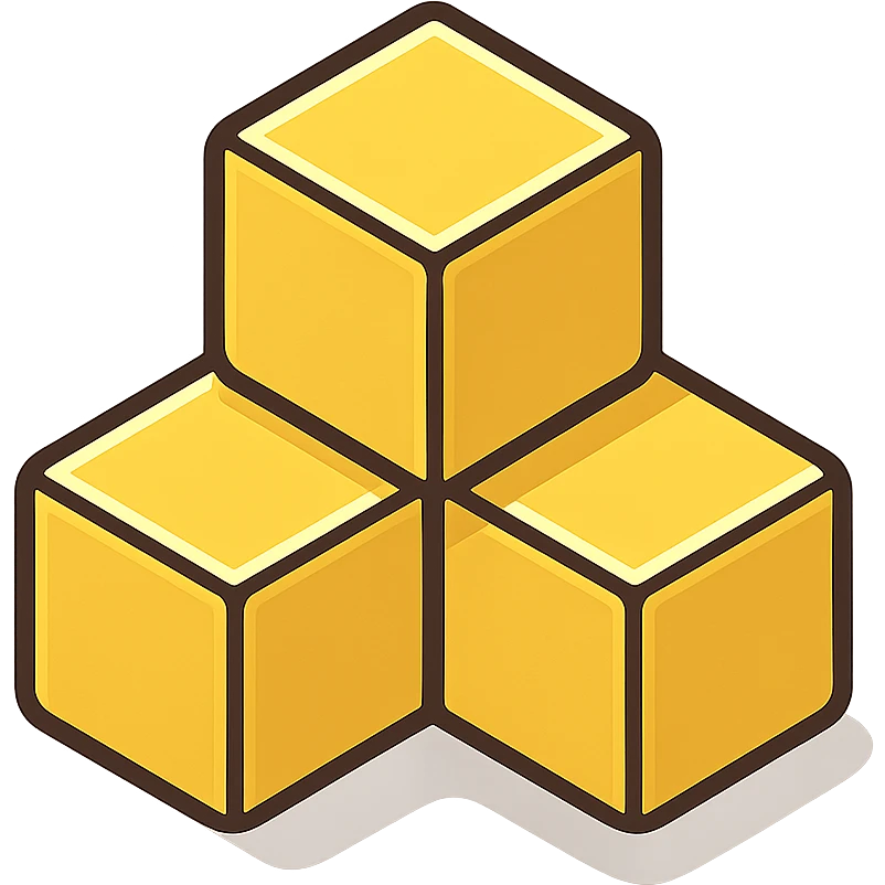 three golden (#FFD700) cubes connected, two on top, one centered below, forming inverted triangle, clean lines, isometric perspective, metallic finish, modern minimalist style emoji