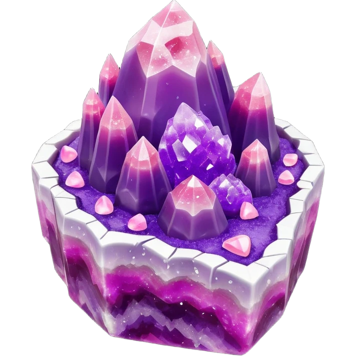 3D render of Rock Candy Geode, made entirely of dessert materials, glistening sugar crystal texture, sjagged translucent purple sugar crystals, delicious confectionery aesthetic, Apple emoji style, isolated on white background --v 6.0. emoji