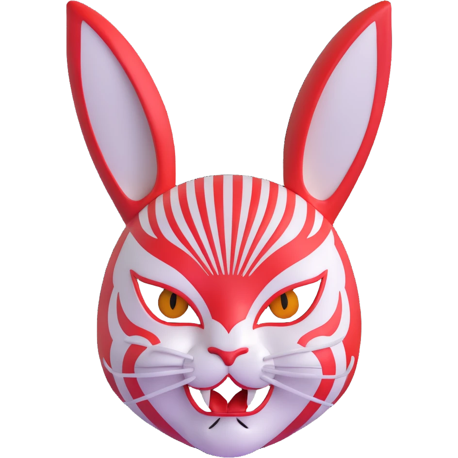 stylized usagi rabbit kabuki mask, red and white, angry expression, highly detailed emoji