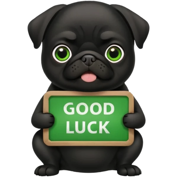 black pug holding a green sign with 'good luck' text emoji