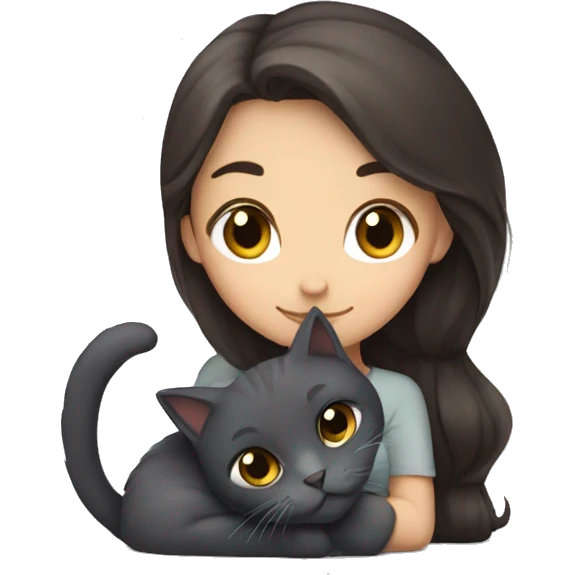 Brunette girl snuggling fluffy dark grey cat emoji