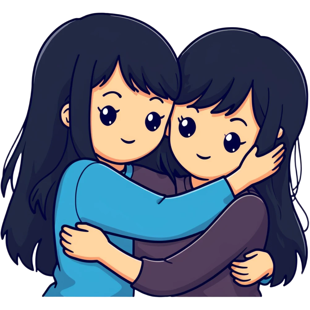 two white girls with long black hair hugging each other, one with bangs emoji
