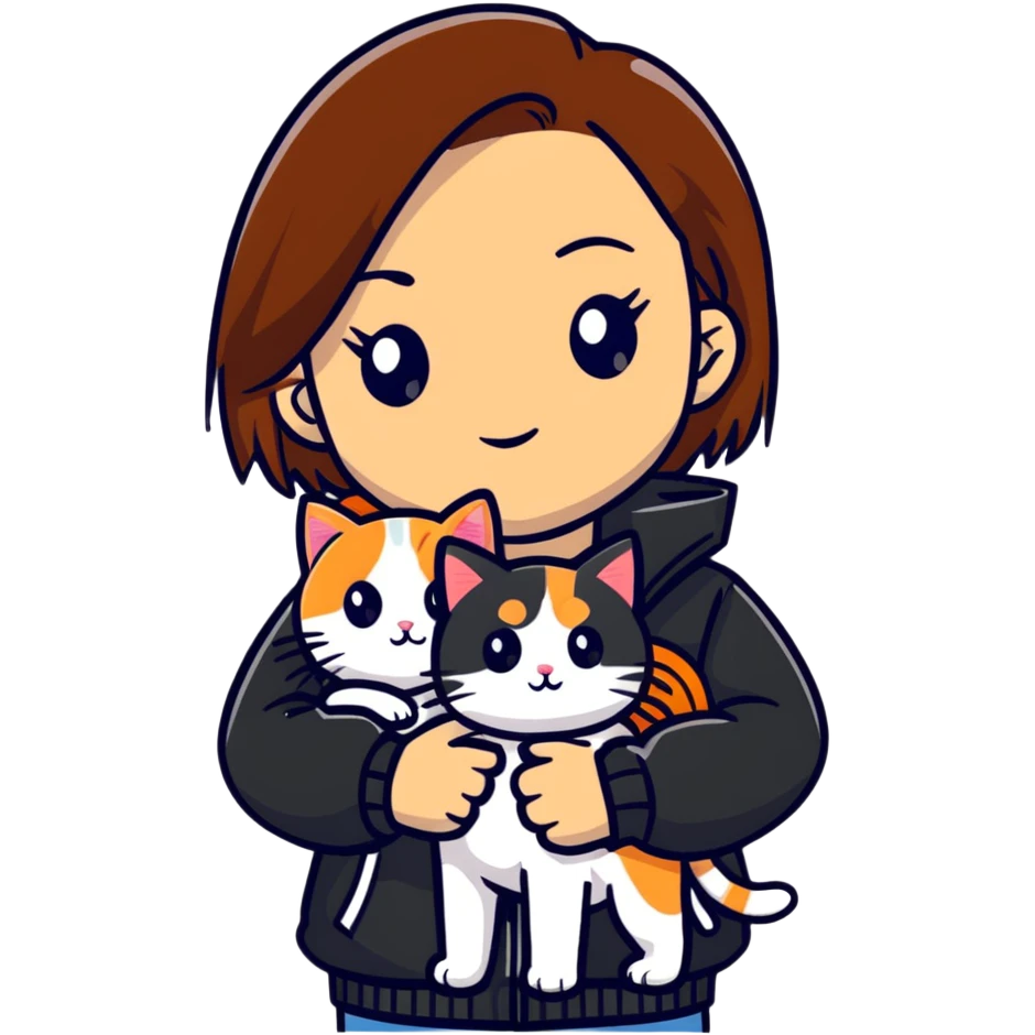 Light-skinned girl with brown straight hair wearing a black jacket, holding one pure white cat and one calico cat with orange black patches emoji