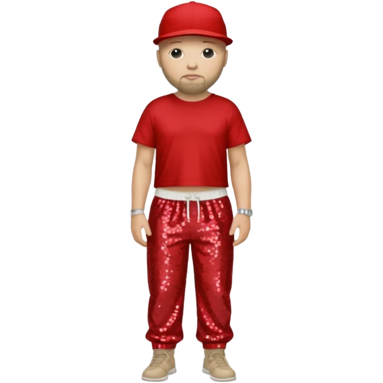 Fred Durst with dark blonde hair, red sequin crop top, beige sequin baggy pants emoji