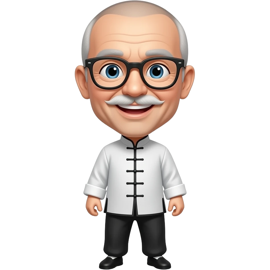 Personnage qui rit taichi lunette noire moustache blanche pas beaucoup de cheveux visage fin tenue de taichi emoji