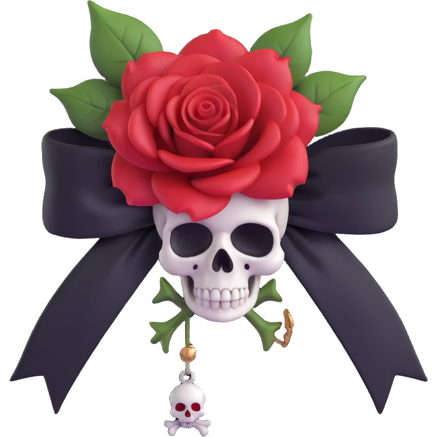 gothic bow with black satin, tiny skull charms, and a blood red rose emoji