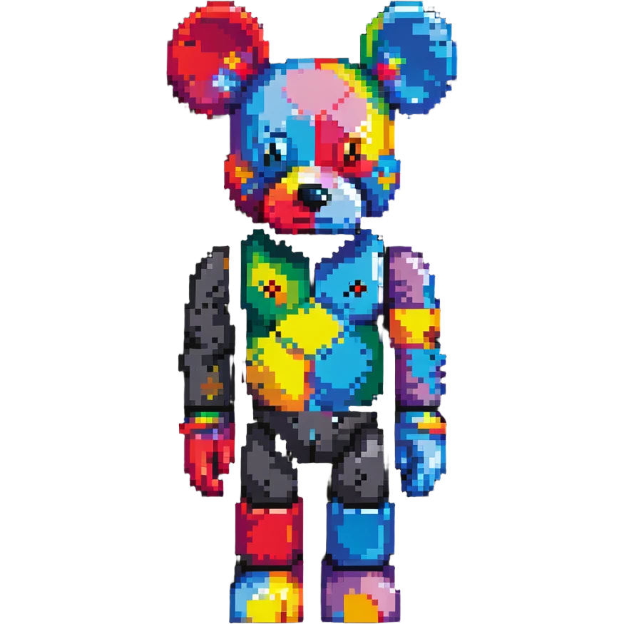 Pixel art KAWS Bearbrick figure with X eyes, blocky bear shape, vibrant colors emoji