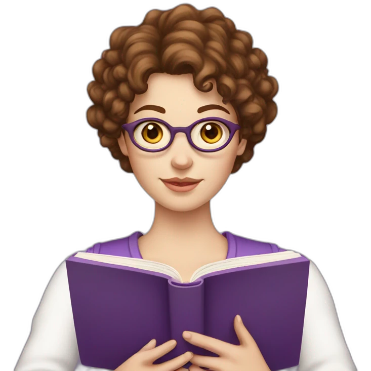 white girl without glasses and really short brown curly hair reading a purple book emoji