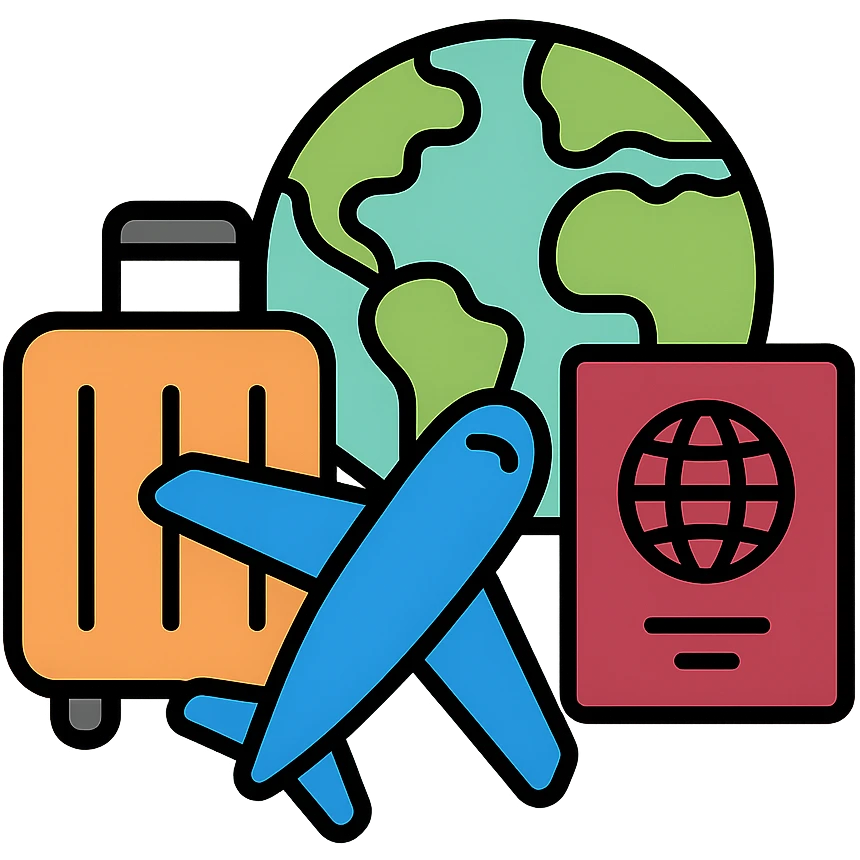 airplane with travel elements like passport, suitcase, and world map emoji