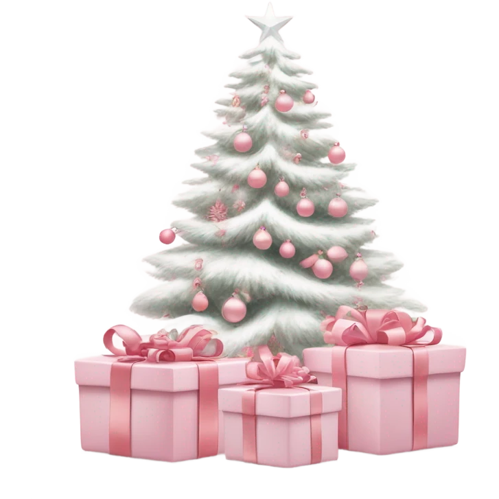 Light pink Christmas gifts under a white Christmas tree  emoji
