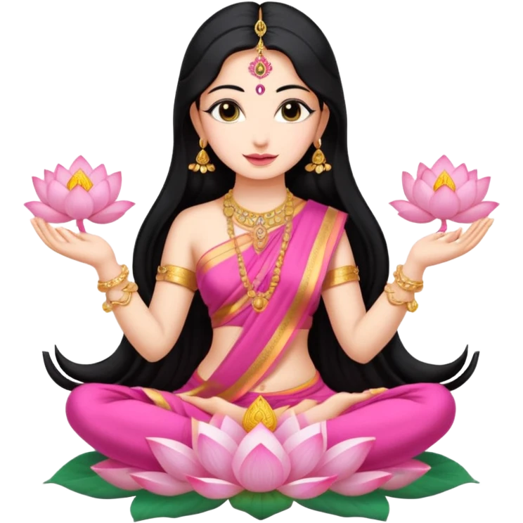 maa lakshmi, long black hair, sitting on lotus, holding lotus in both hands, cute pink sari emoji