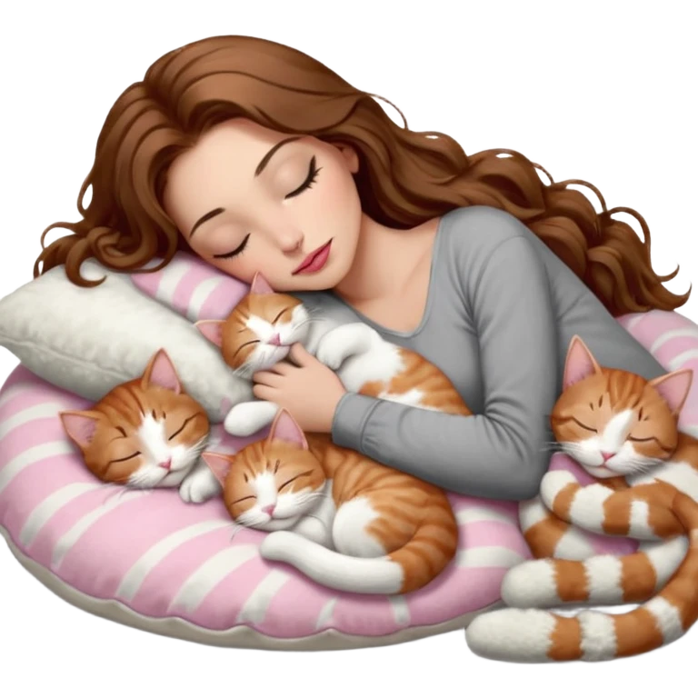 girl with long wavy brown hair, brown eyes, long lashes makeup, sexy pink lips, light to medium complexion,  sleeping on a cozy pillow, with 6 cats: 1 brown and white tabby cat, 1 ginger and white, 2 grey and white, 1 grey with white mittens and small white patch on chest and 1 calico, sleeping emoji