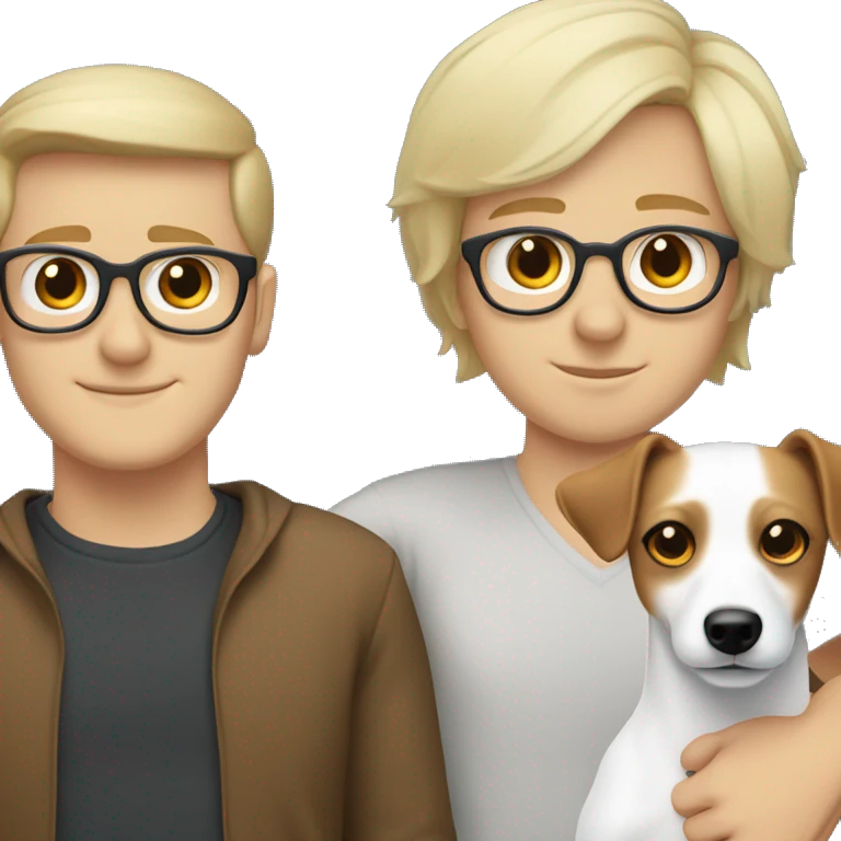 White blonde girl and a white brown hair men with glasses, both cuddling a jack Russell emoji
