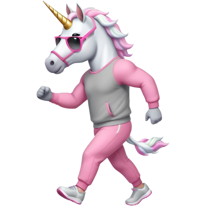 friendly anthropomorphised male white unicorn with a fit, chunky, muscular and strong physique, white arms and legs, wearing grey tracksuit pants and pink jumper, sunglasses, walking quickly emoji