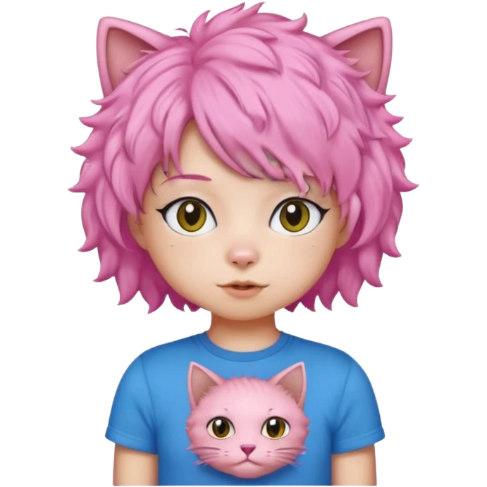 Black cat wearing a short curly pink hair wig, blue T-shirt emoji