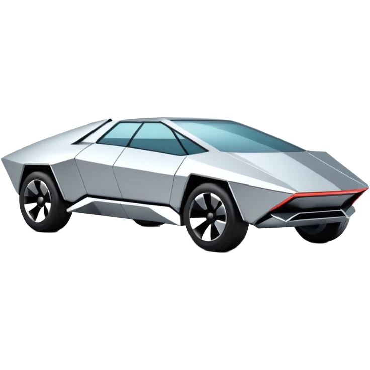A futuristic chrome car emoji, sharp geometric body design inspired by cybertruck aesthetics, smooth silver metallic surface, matte and glossy chrome mix, minimal details, soft reflections, clean edges, iOS emoji style, centered, clean white background, soft studio lighting, no text emoji