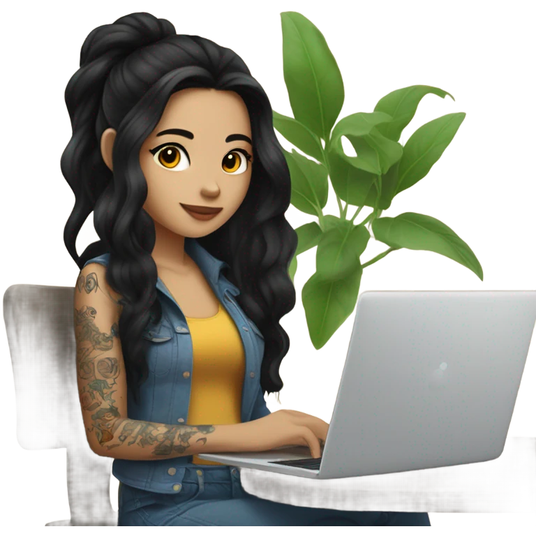 beautiful girl, with tattoos, with long black hair, wavy hair, chinese, with laptop emoji