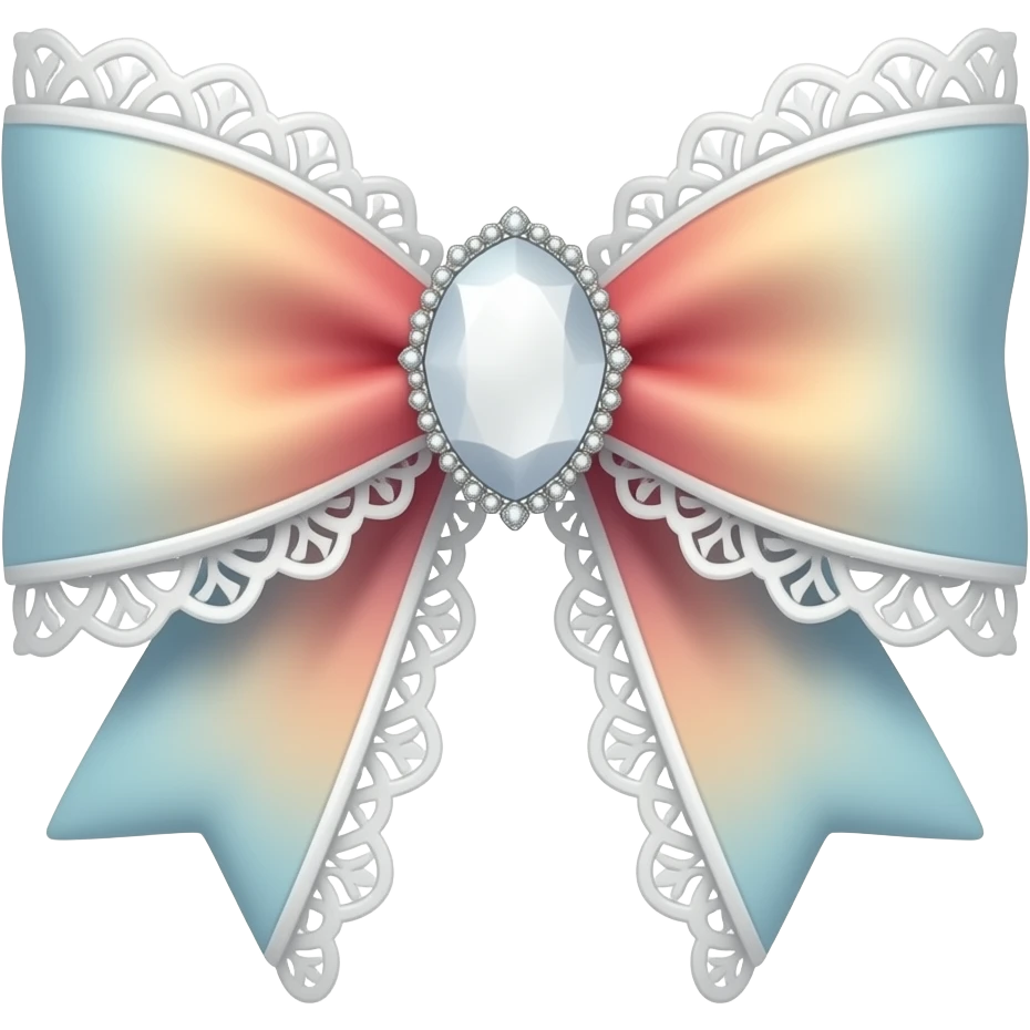 3D emoji gothic bow, white velvet, light blue pink orange gradient filigree, white lace trim, white gem, elegant emoji