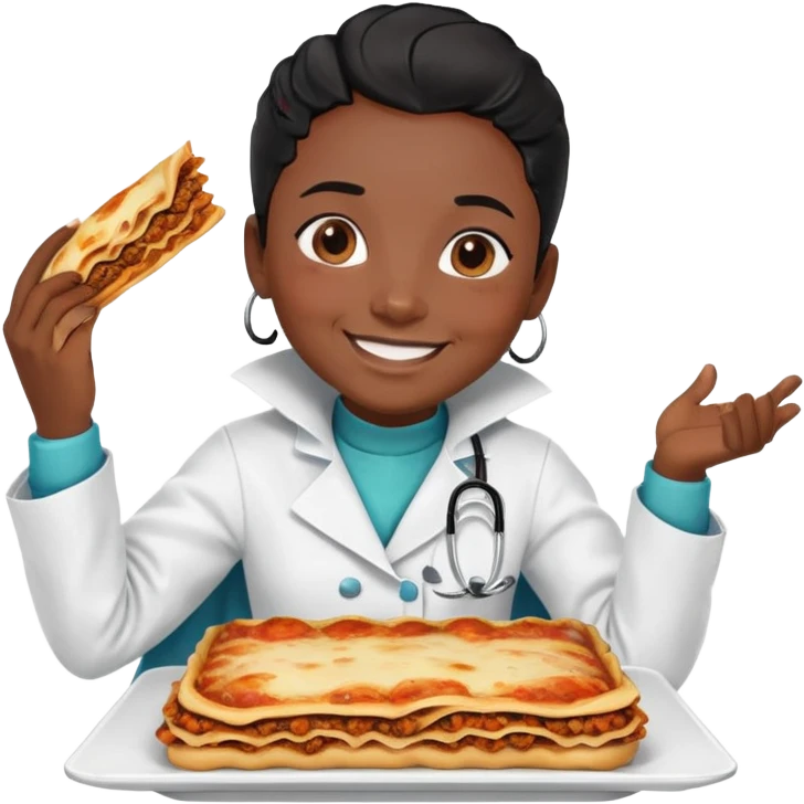 High fade black hair black skin smiling ponytail doctor and nigerian cape eating lasagna  emoji