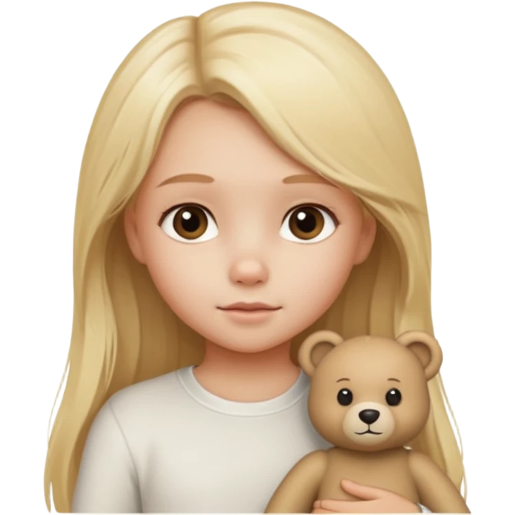 Blonde little girl, long hair, white long sleeve, with beige bear emoji