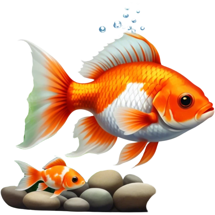 Large aquarium fish like veil tails and lionhead goldfish swimming gracefully in a beautifully decorated aquarium. Colorful aquatic plants, smooth rocks, and gentle bubbles surround the fish. The water shimmers in sunlight, creating a peaceful and vibrant underwater scene. Transparent background. emoji