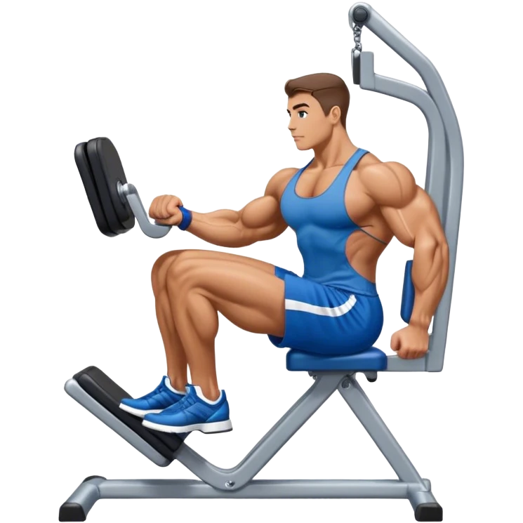 side-view bodybuilder in blue shorts seated weighted calf-raise machine on his tip toes emoji