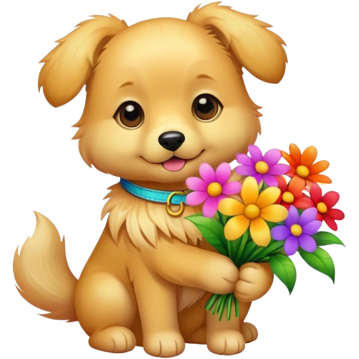 A cute dog holding a lot of flowers emoji