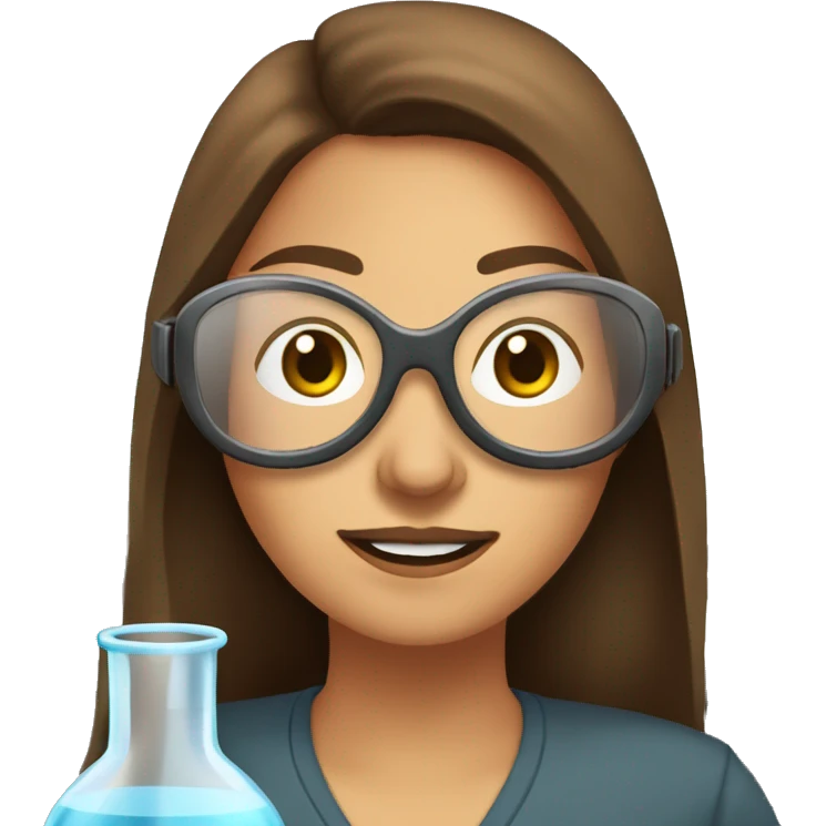 Woman with straight long brown hair wearing clear goggles in a lab class with a traditional bench and beakers  emoji