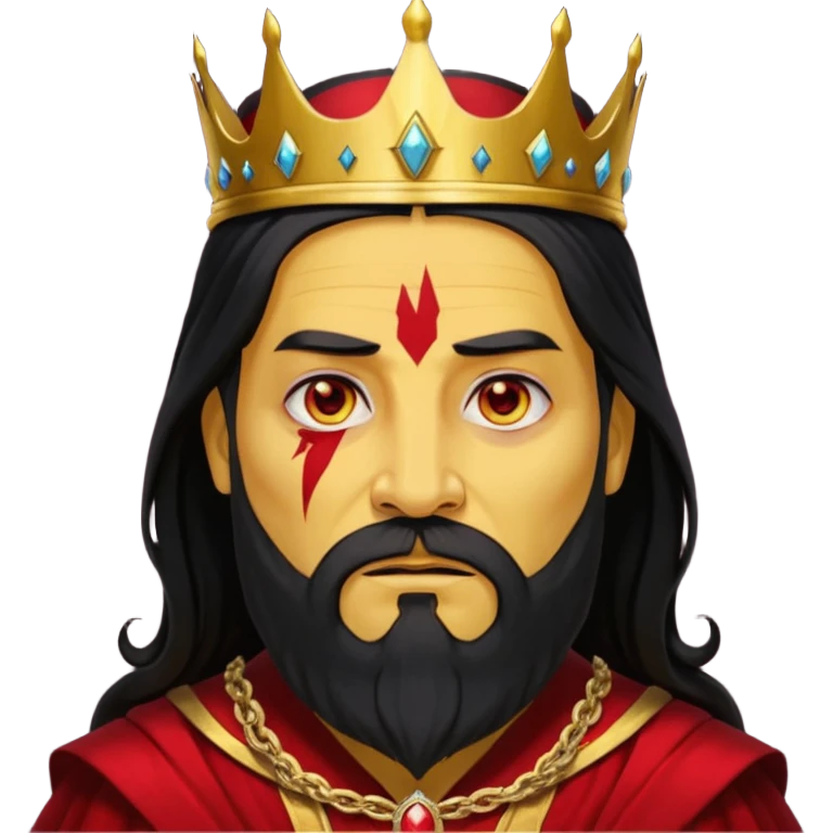 


an old king with yellow skin, red eyes, 60 years old, black hair, black beard, wearing a crown, red robe, fierce face, baron/lord vibe, longer hair cover the face, add scar
 emoji
