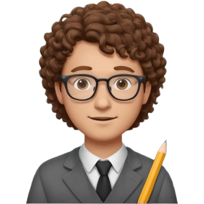 Please could you generate an emoji of a male teacher with brown curly hair and glasses stood infront of a chalkboard  emoji