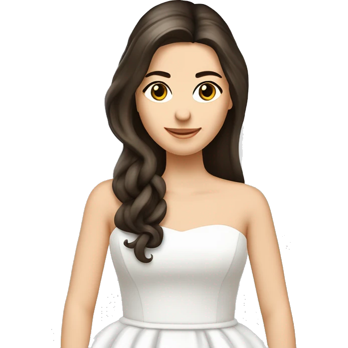 Braut mit glatten, dunkelbraunen kinnlangen Haaren und weißem schulterfreien Brautkleid mit Herzausschnitt. Sie trägt einen langen weißen Schleier am Hinterkopf. Die Haare trägt sie offen.  emoji